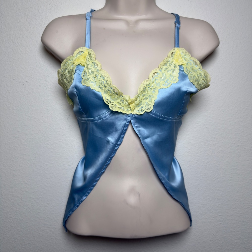 Women‎ Coquette Babydoll Cami Top Small Blue Yellow Lace Trim Open Front Satin